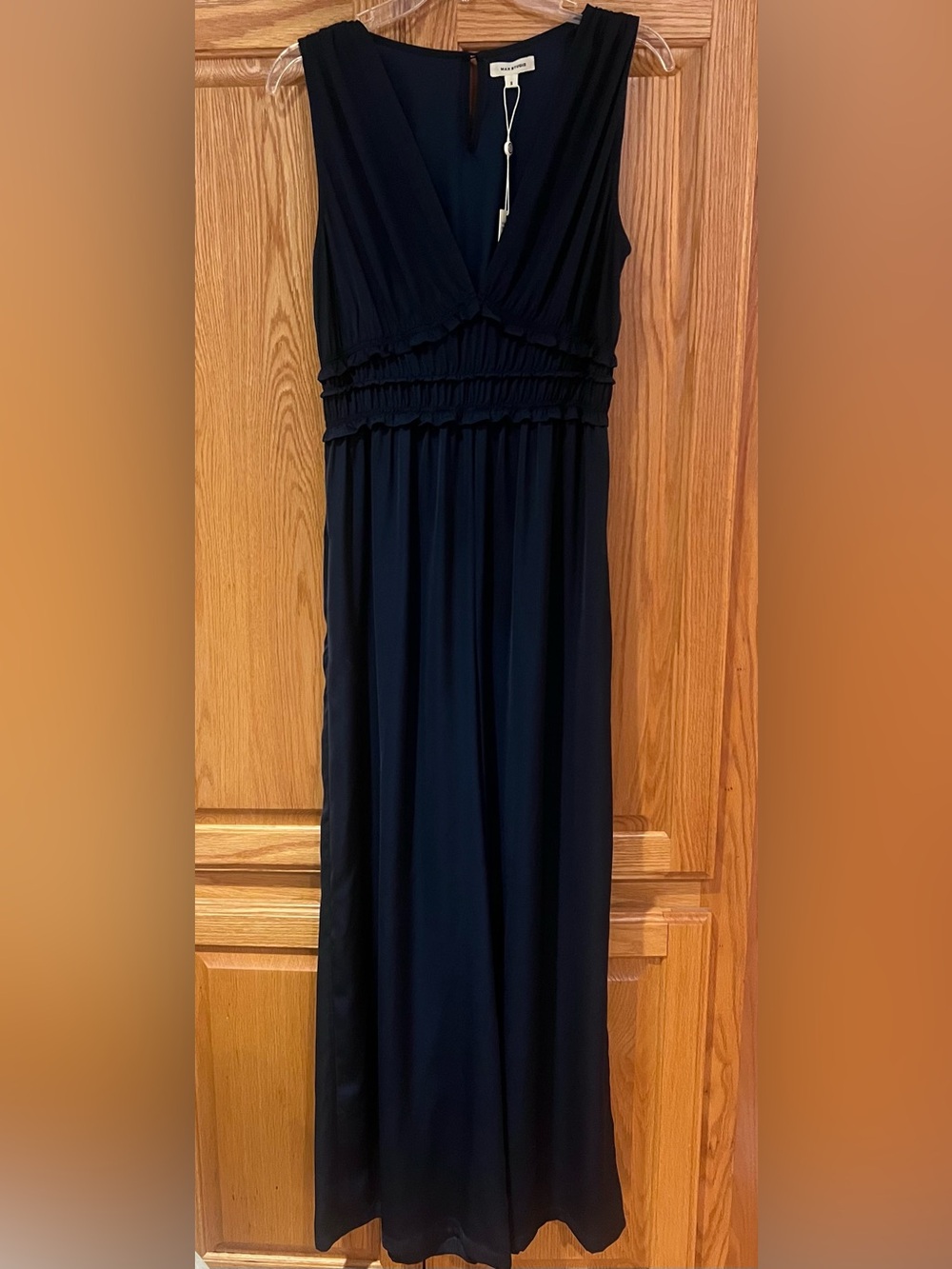 Max Studio Sleeveless Deep V-Neck Ruffle Smocked Jumpsuit Navy Blue Size Small